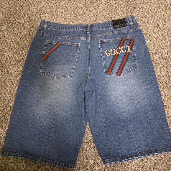 Vintage Gucci Set Mens 42 Denim Shorts & 4XL T Shirt Relaxed Fit Logo Stripe - Picture 3 of 16